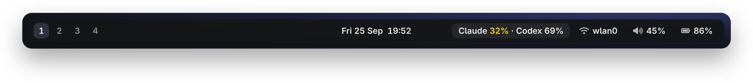 A Waybar bar with one Headroom module that shows Claude and Codex side by side.