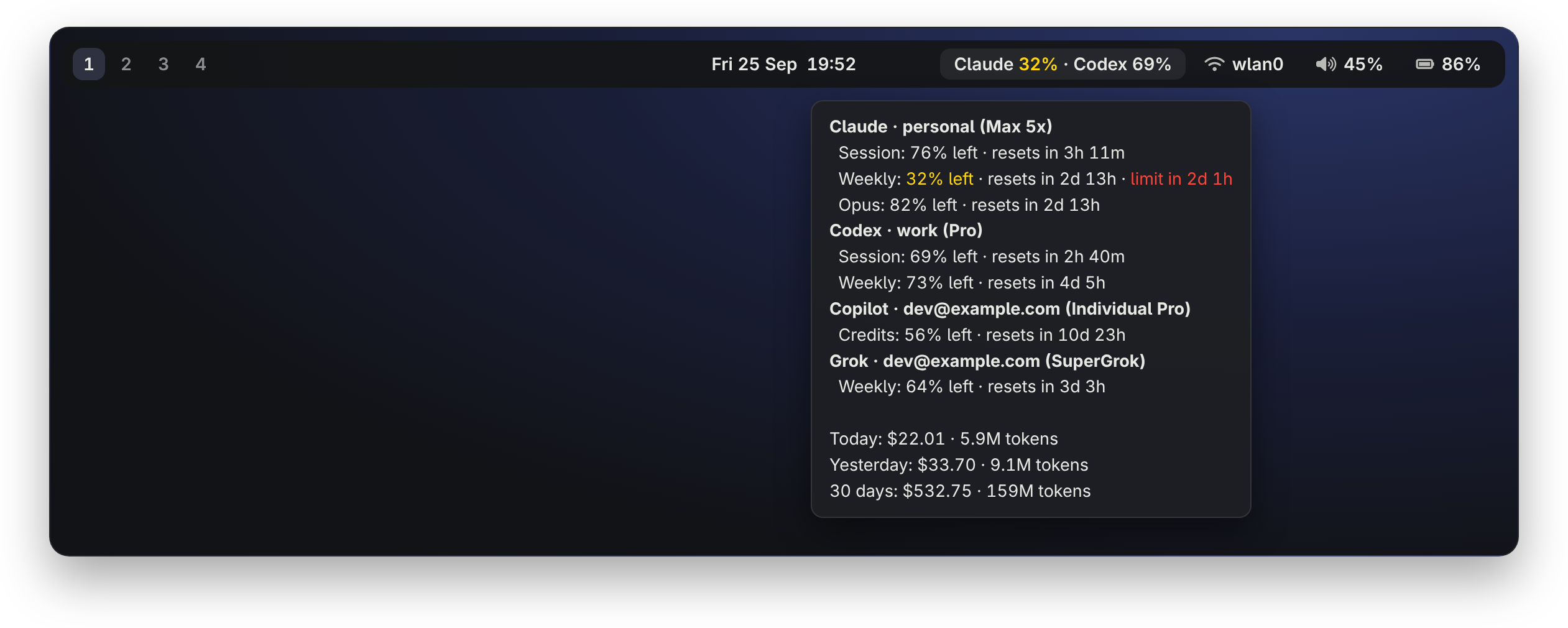 A Waybar panel whose Headroom module shows Claude and Codex side by side, with a tooltip listing every account and the spend