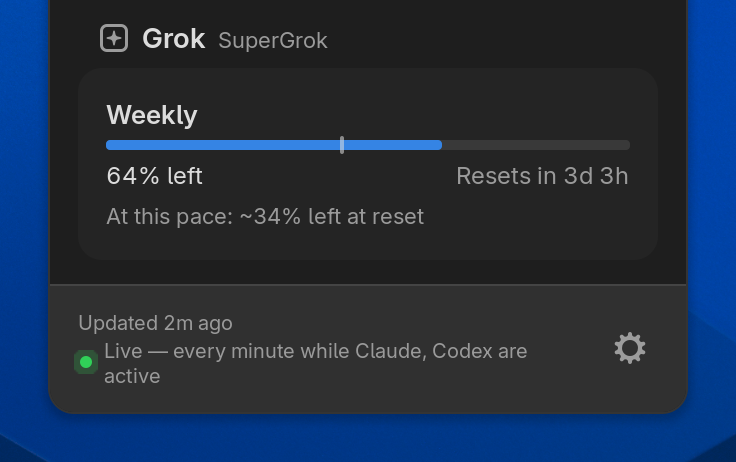 The Headroom popup footer with a green dot: live refresh every minute while Claude and Codex are active.