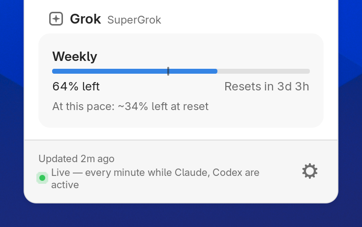 The Headroom popup footer with a green dot: live refresh every minute while Claude and Codex are active.