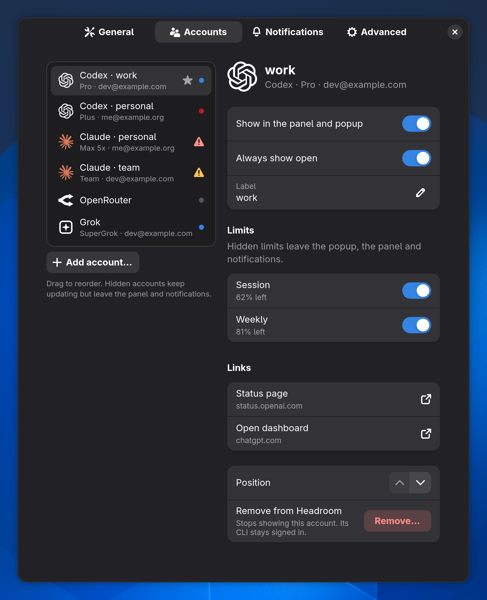Headroom preferences in GNOME, Accounts: a list of accounts with stars, status dots and warning marks on the left, and the Codex work account's details on the right