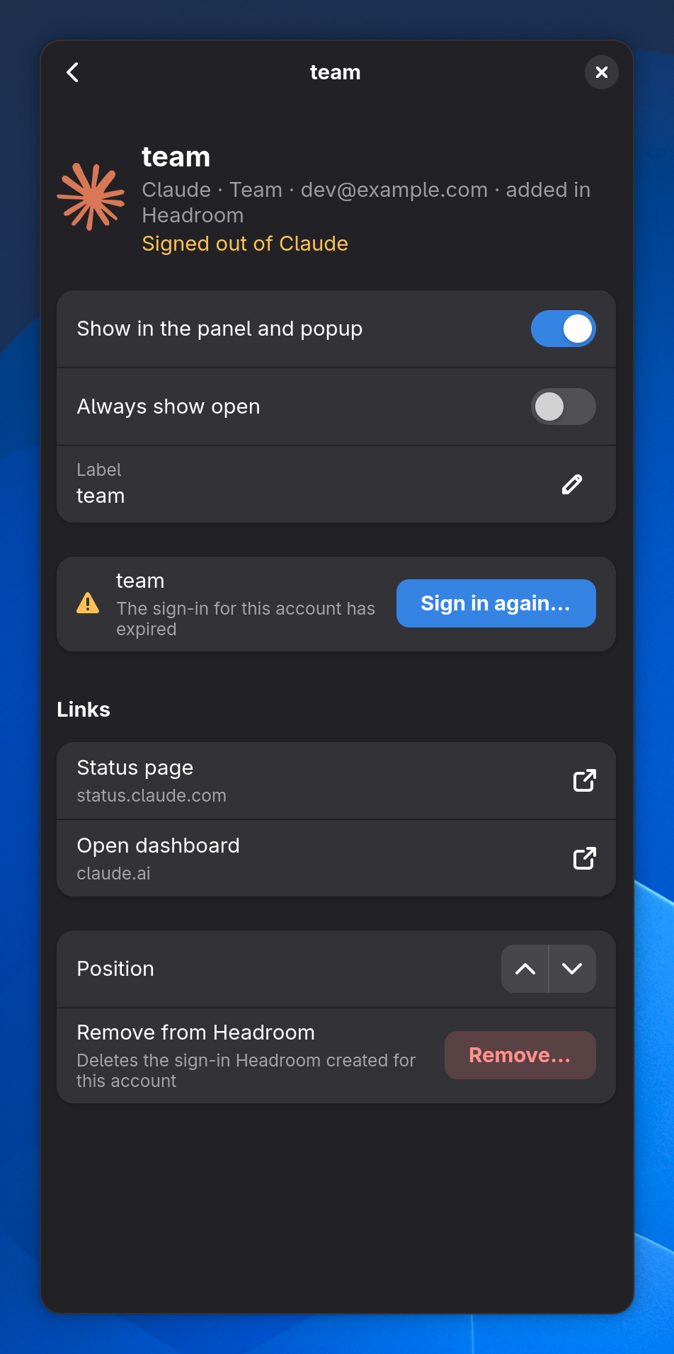 The Accounts page in a narrow GNOME window: the details of a signed-out Claude account with a back button and Sign in again…