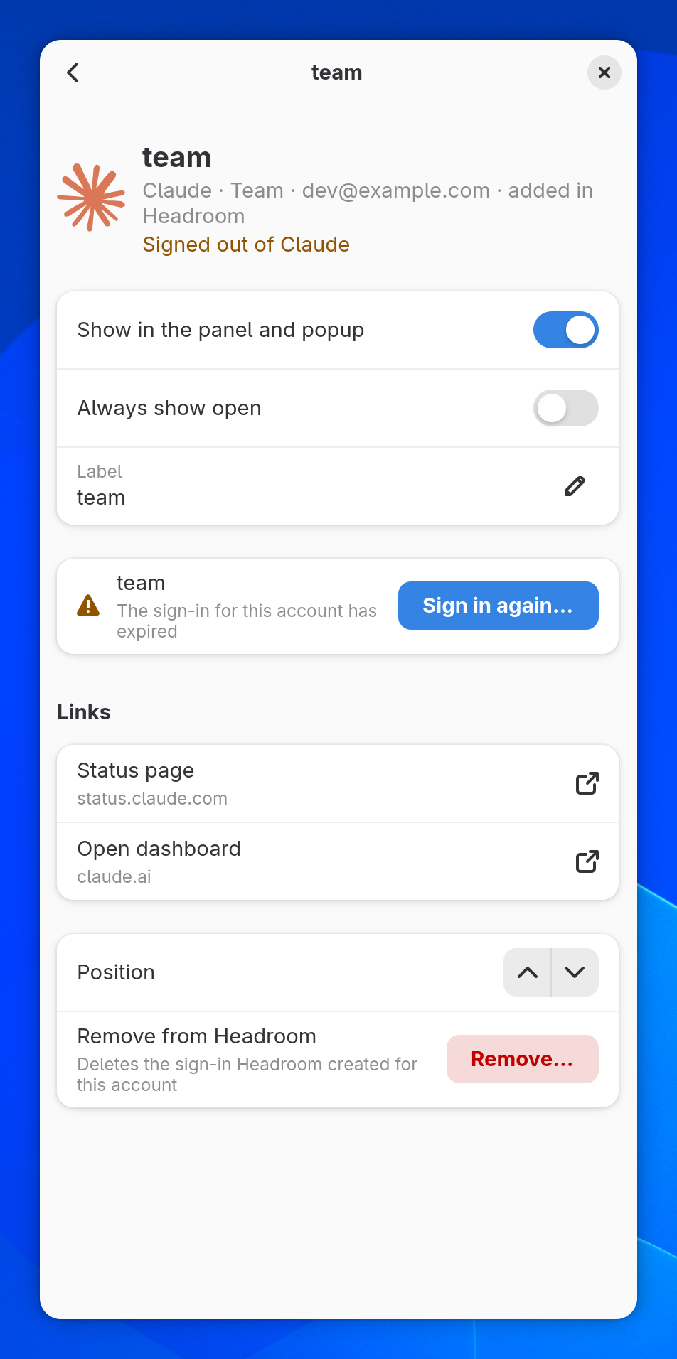 The Accounts page in a narrow GNOME window: the details of a signed-out Claude account with a back button and Sign in again…