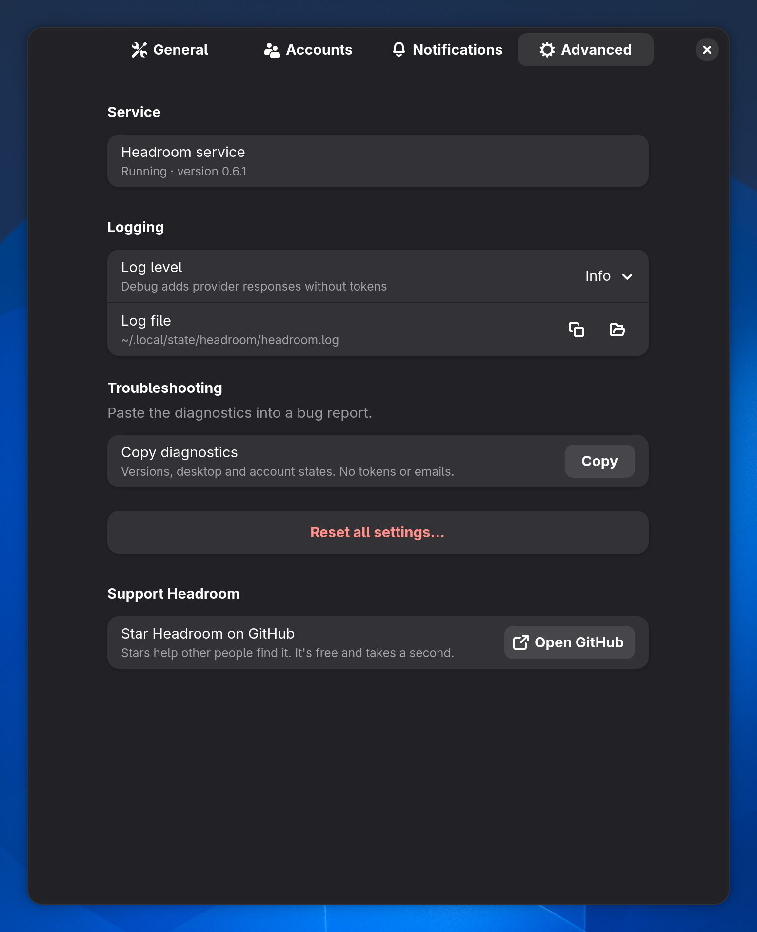 Advanced settings: service status, logging, Copy diagnostics, Reset all settings and the Support Headroom group with an Open GitHub button
