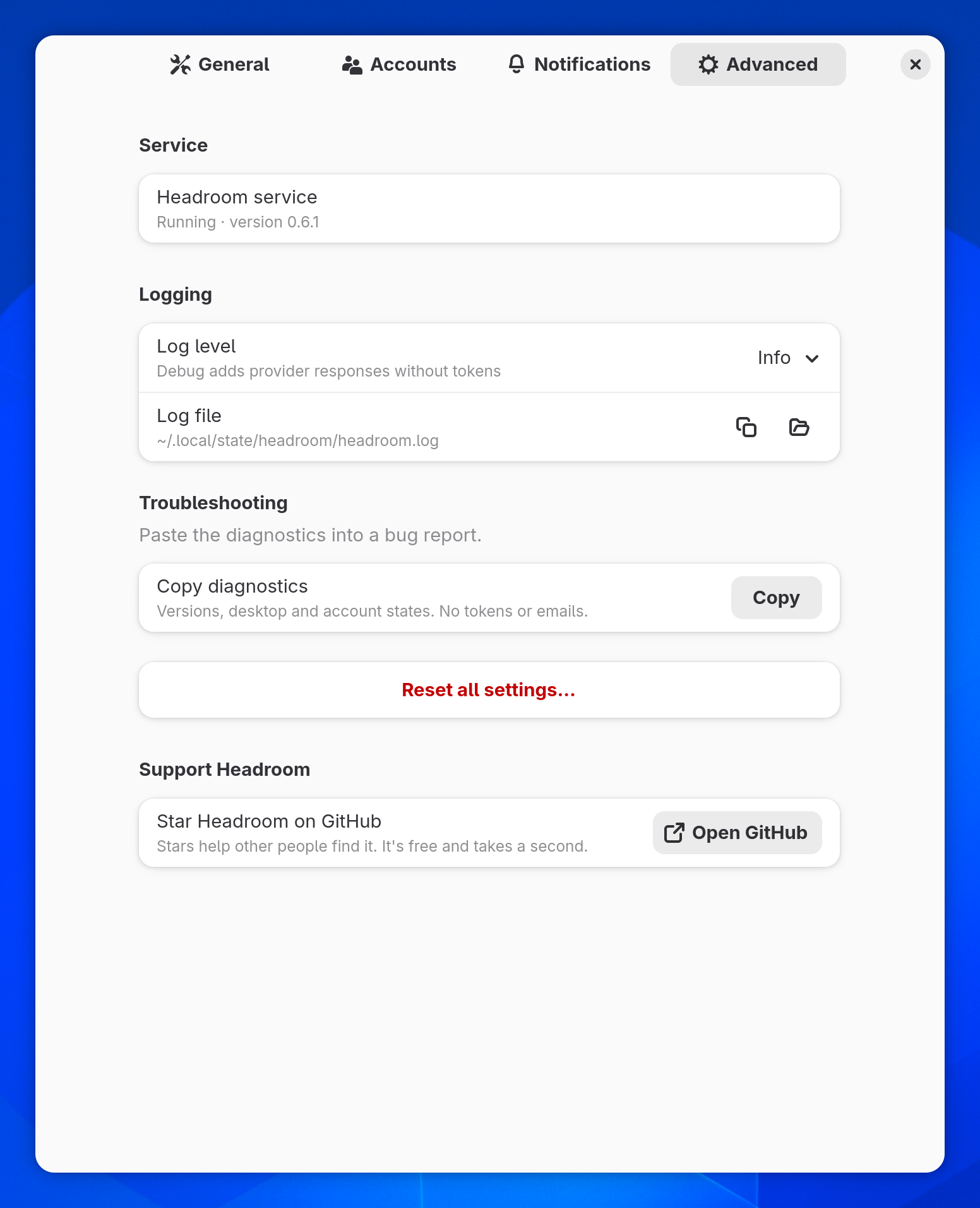 Advanced settings: service status, logging, Copy diagnostics, Reset all settings and the Support Headroom group with an Open GitHub button
