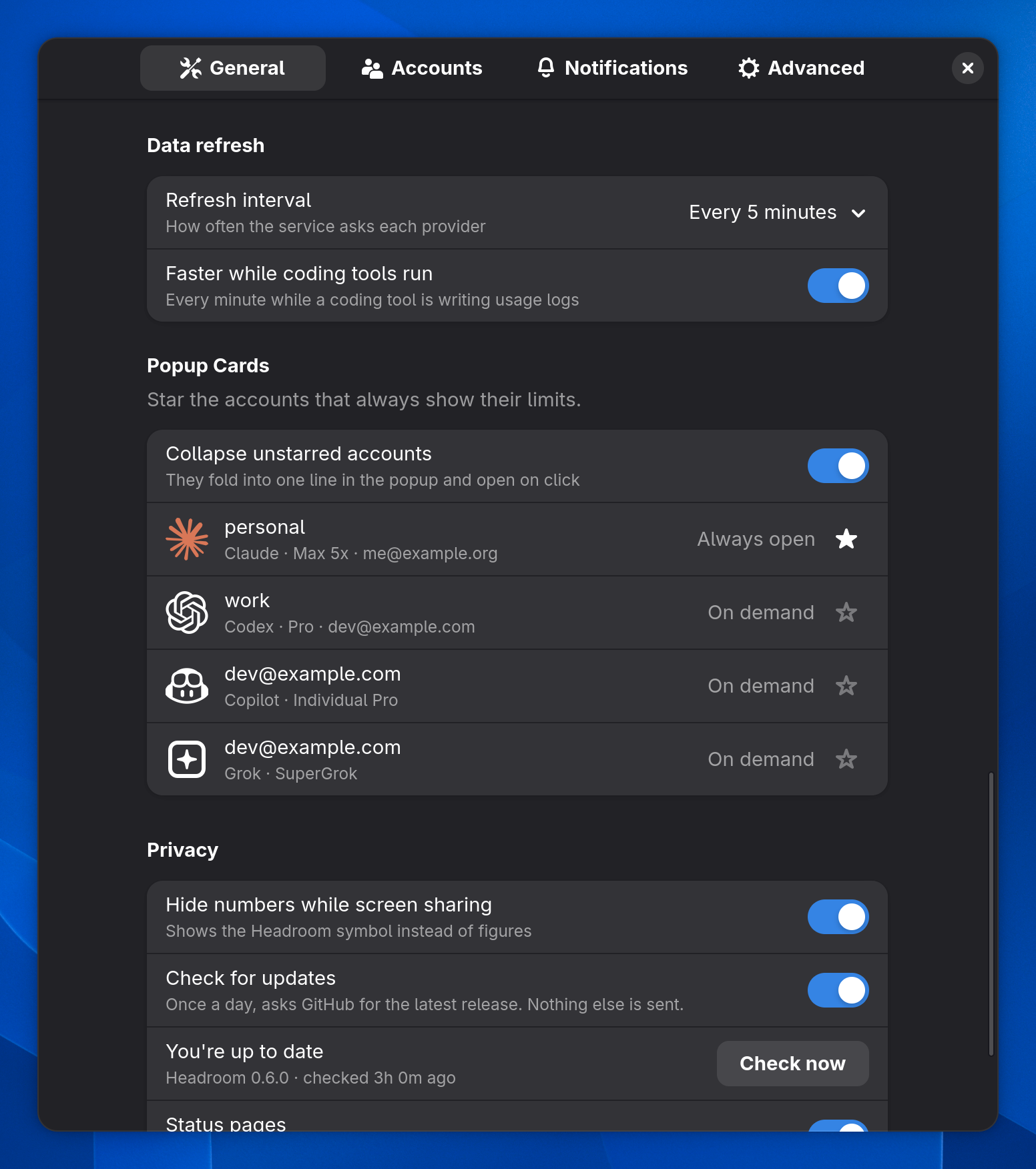 Data refresh with faster refresh while coding tools run, and popup cards with stars and collapsed unstarred accounts