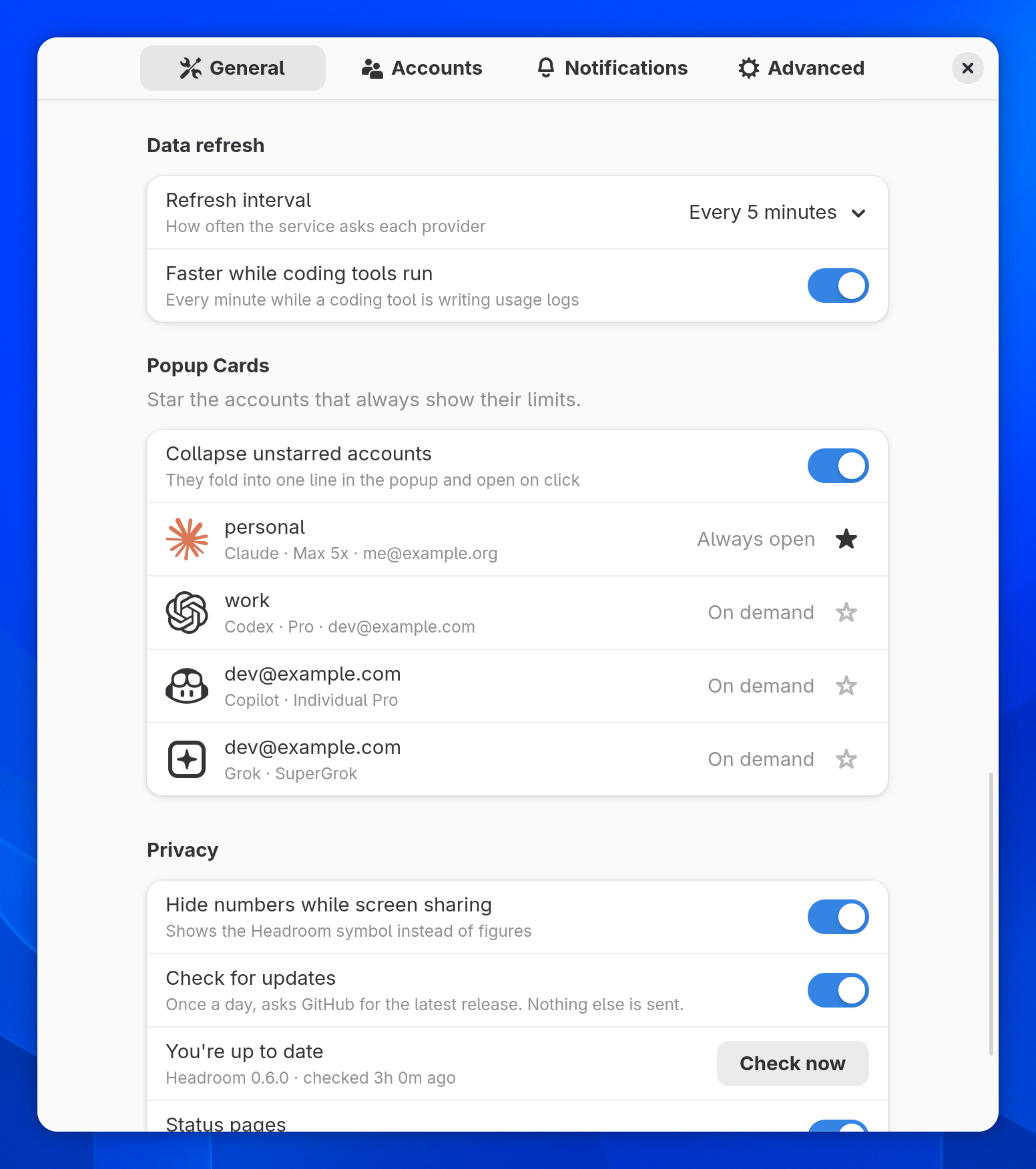 Data refresh with faster refresh while coding tools run, and popup cards with stars and collapsed unstarred accounts
