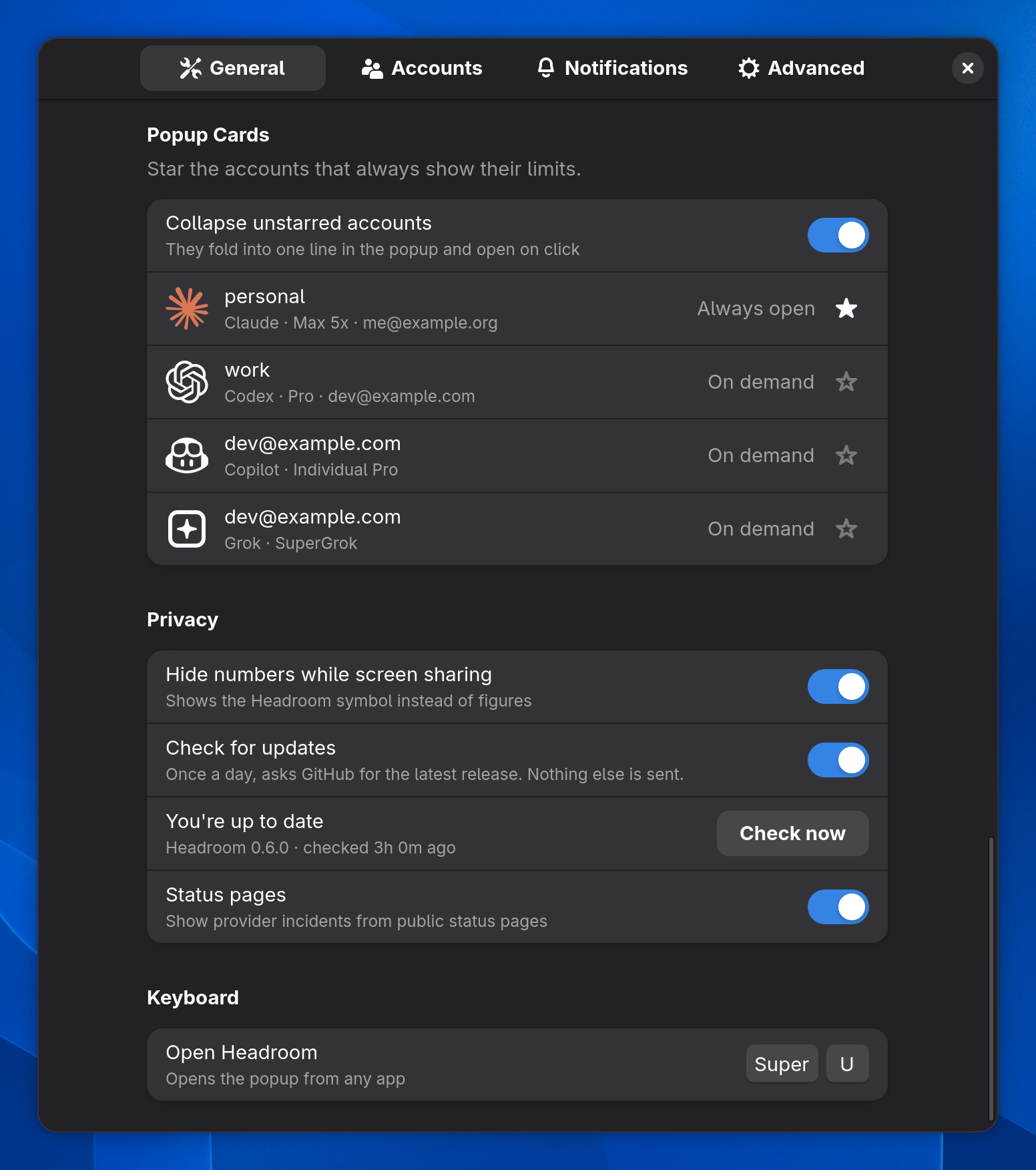 Privacy settings: hide numbers while screen sharing, the update check and status pages, plus the keyboard shortcut