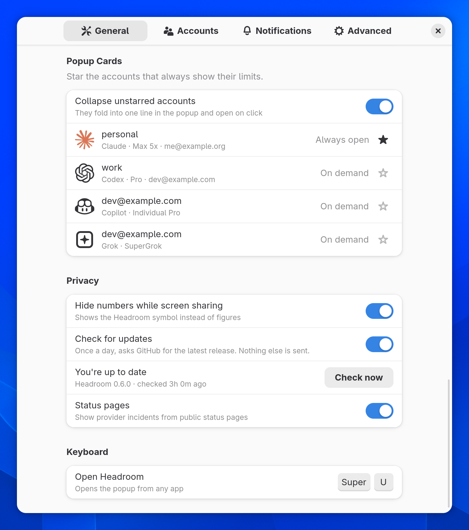 Privacy settings: hide numbers while screen sharing, the update check and status pages, plus the keyboard shortcut