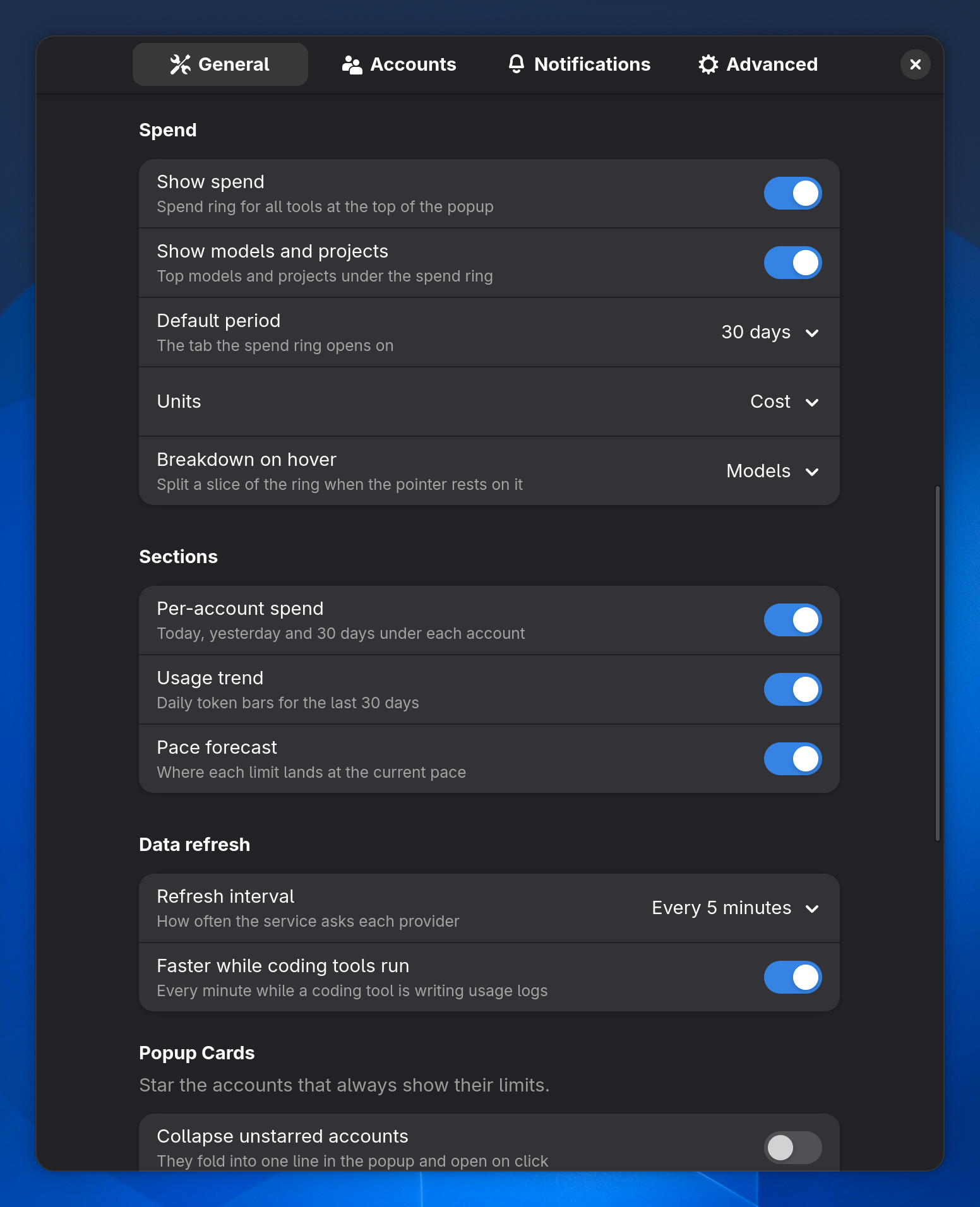 Spend settings: show spend, show models and projects, default period, units and the breakdown shown on hover