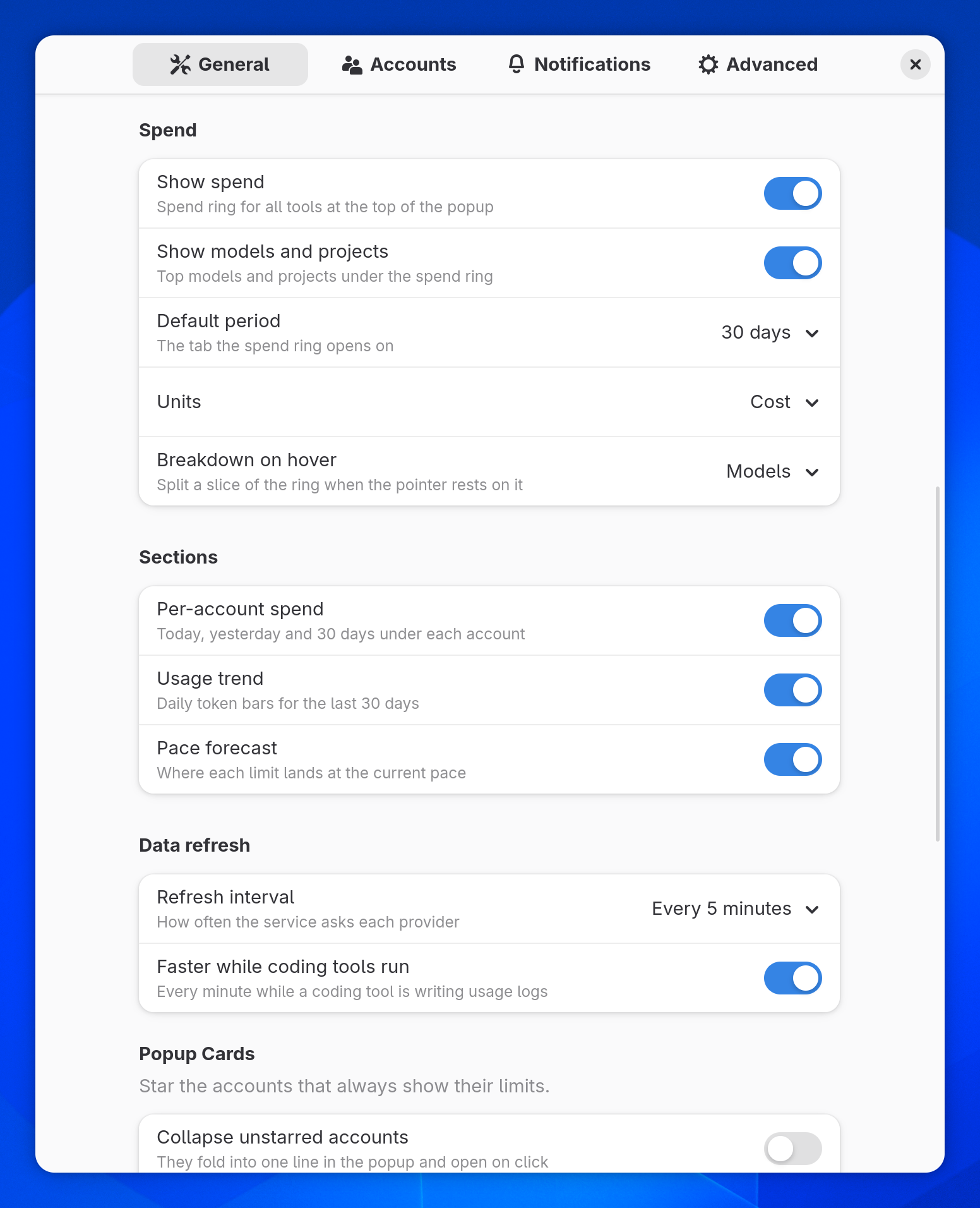 Spend settings: show spend, show models and projects, default period, units and the breakdown shown on hover