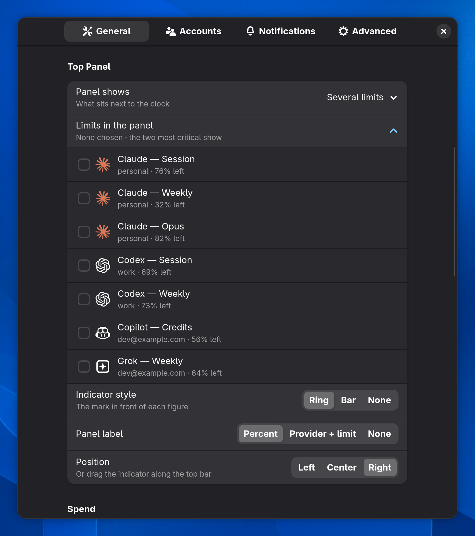 Top panel settings: several limits with provider logos, indicator style, label and position