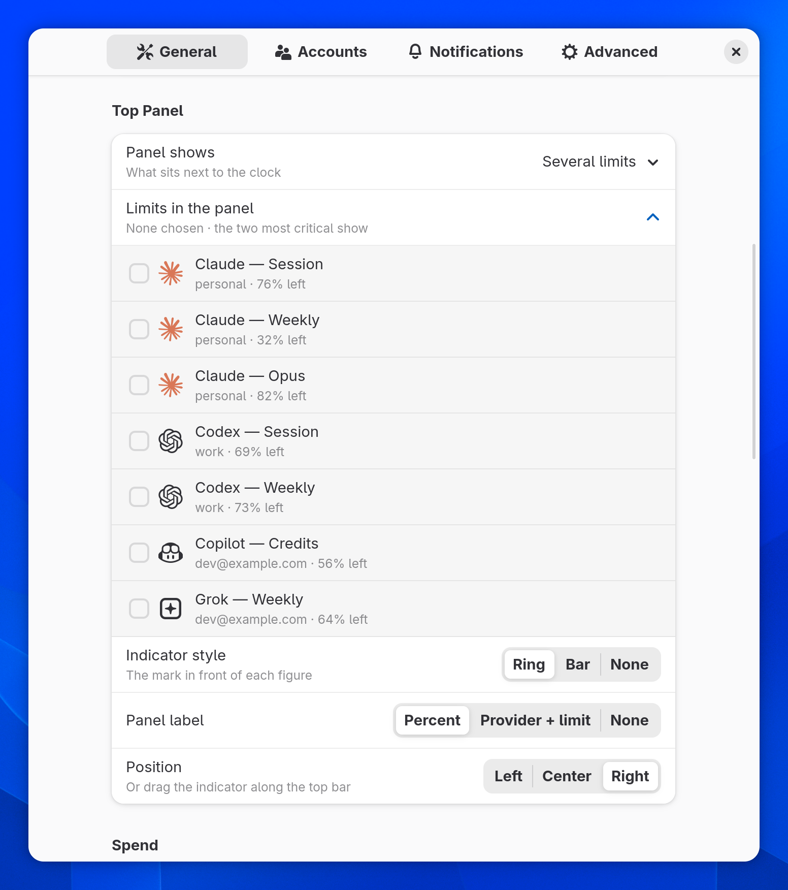 Top panel settings: several limits with provider logos, indicator style, label and position