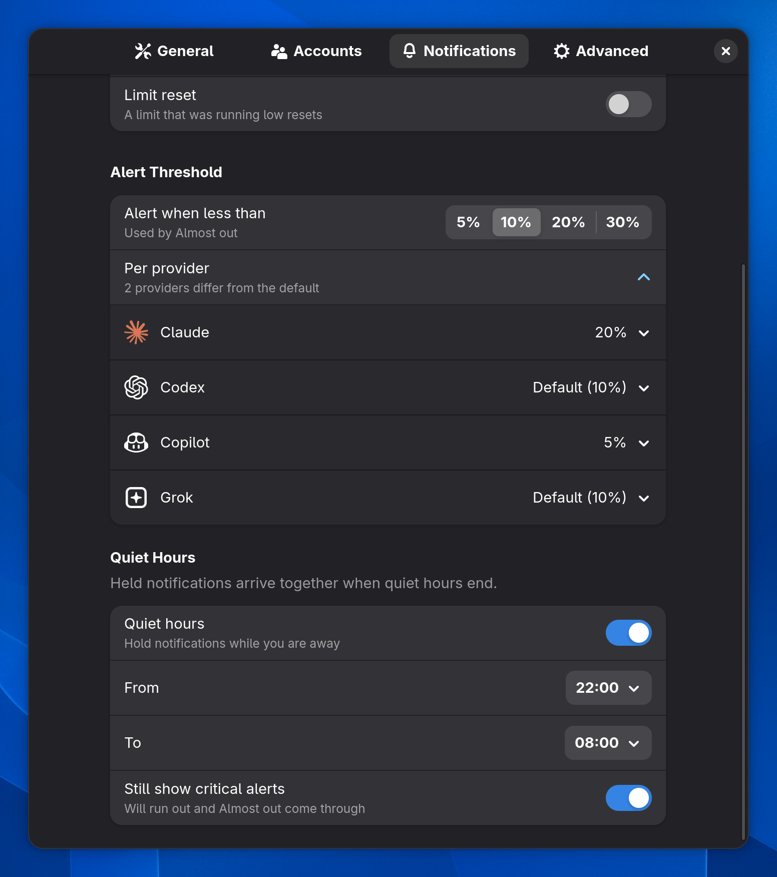Quiet hours from 22:00 to 08:00 with critical alerts still shown