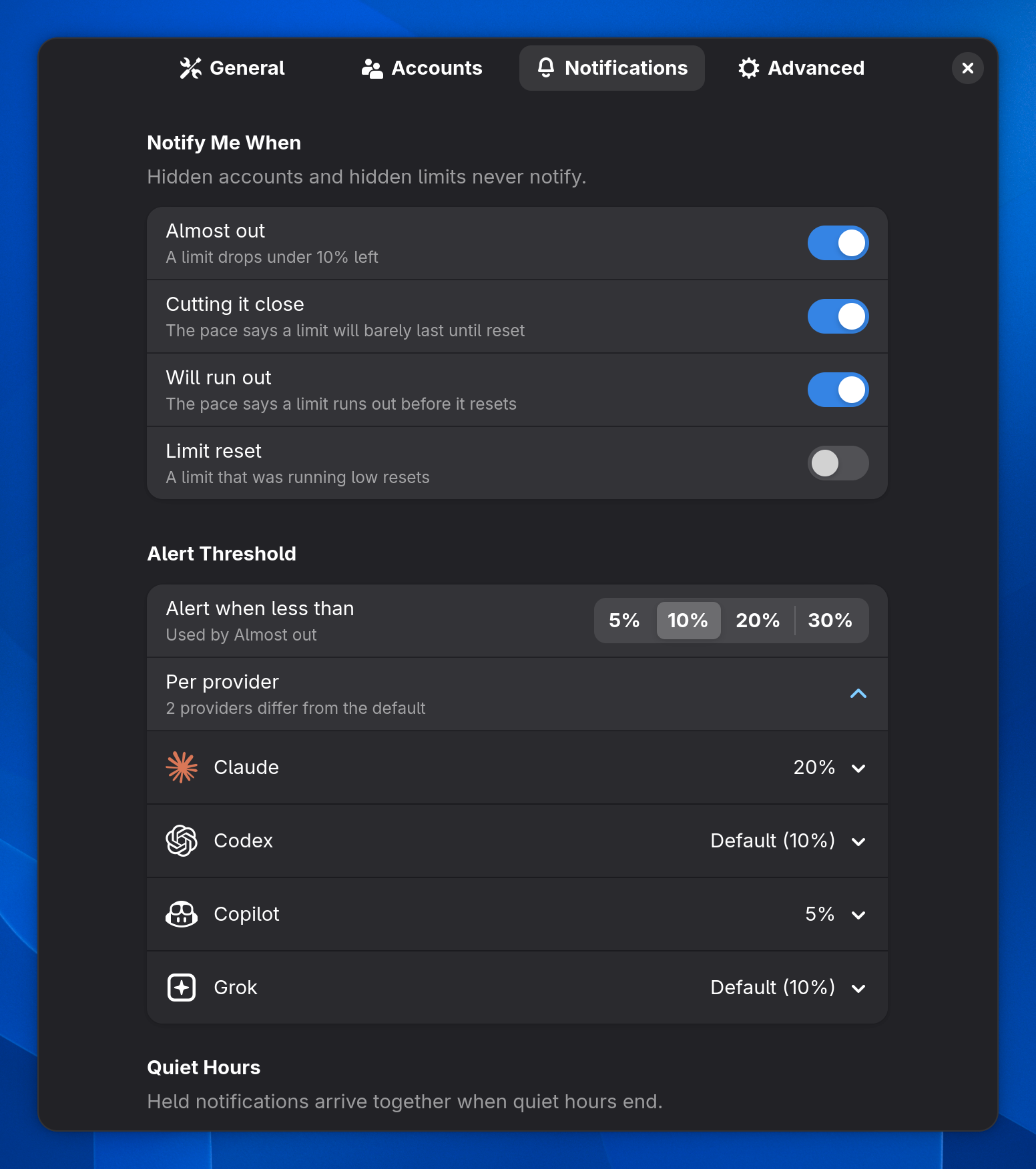 Notification settings: triggers, the alert threshold and per-provider overrides