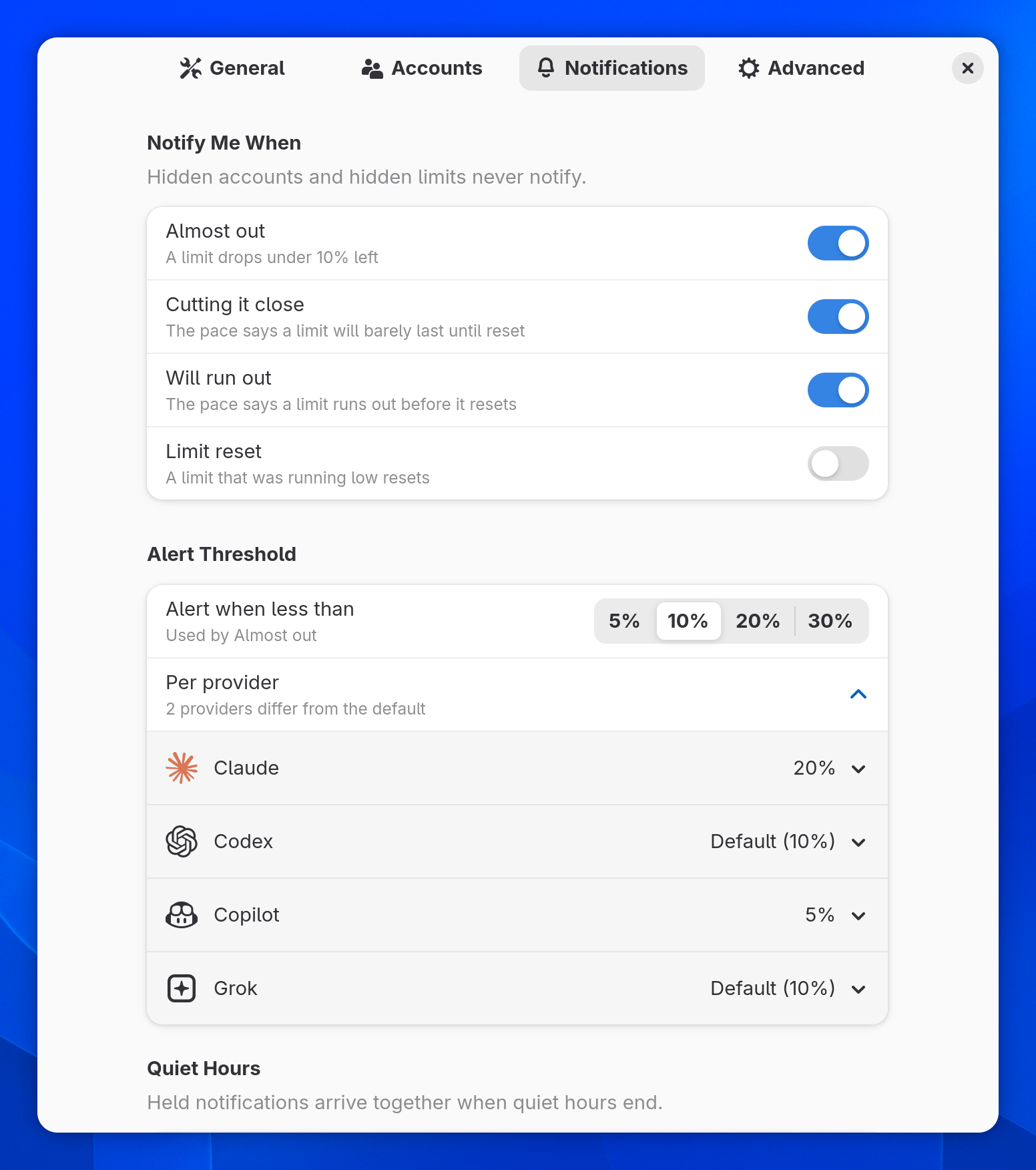 Notification settings: triggers, the alert threshold and per-provider overrides