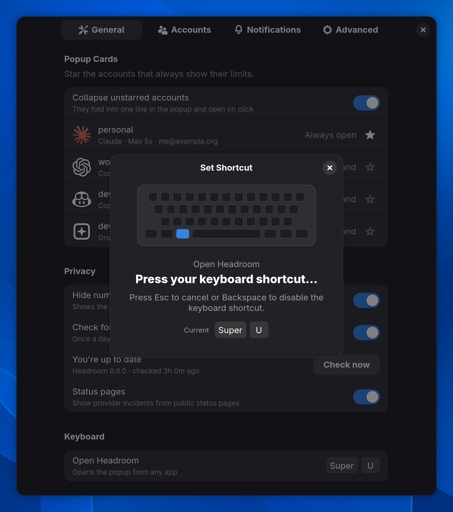 The Set Shortcut dialog waiting for a key combination