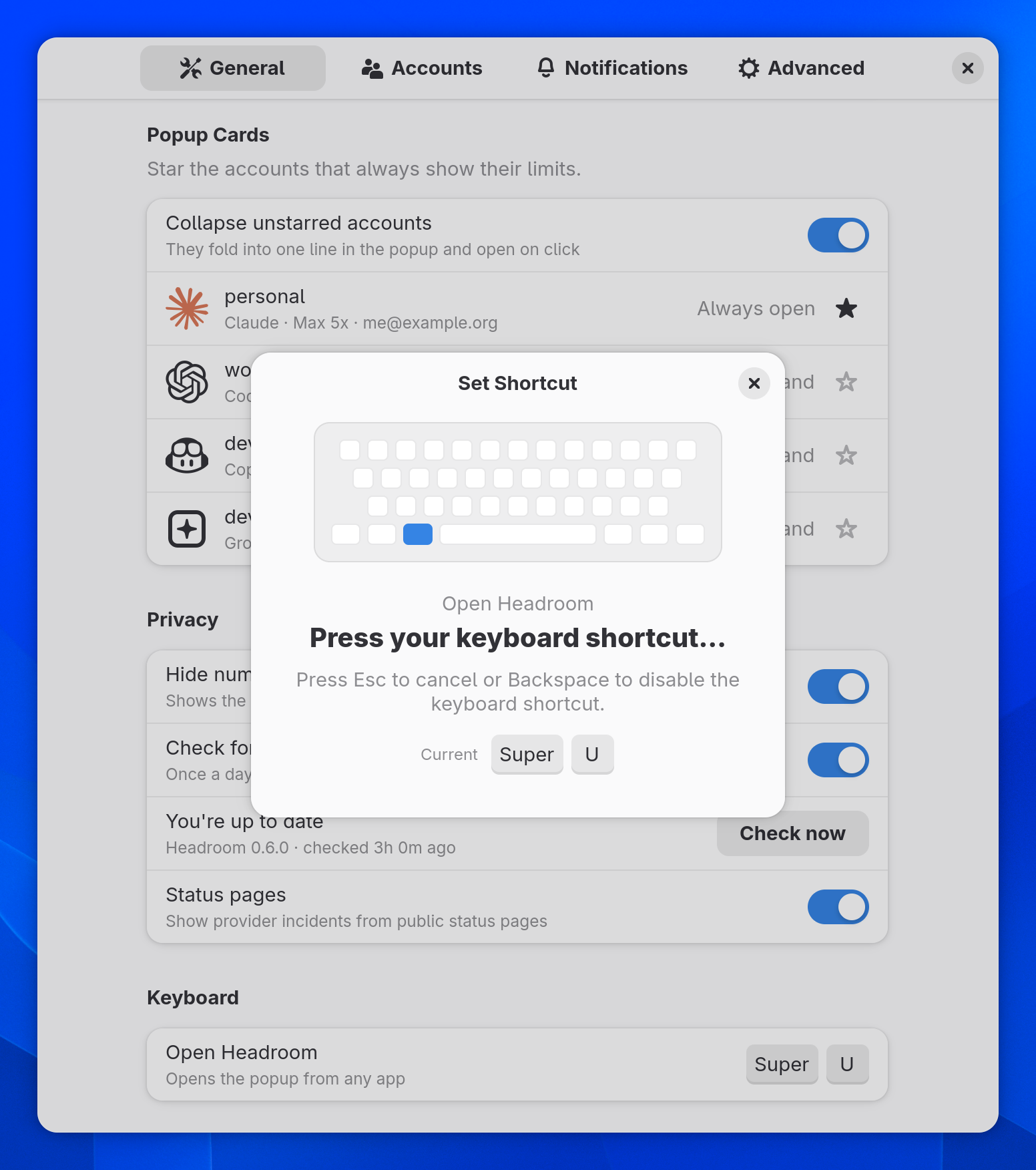 The Set Shortcut dialog waiting for a key combination