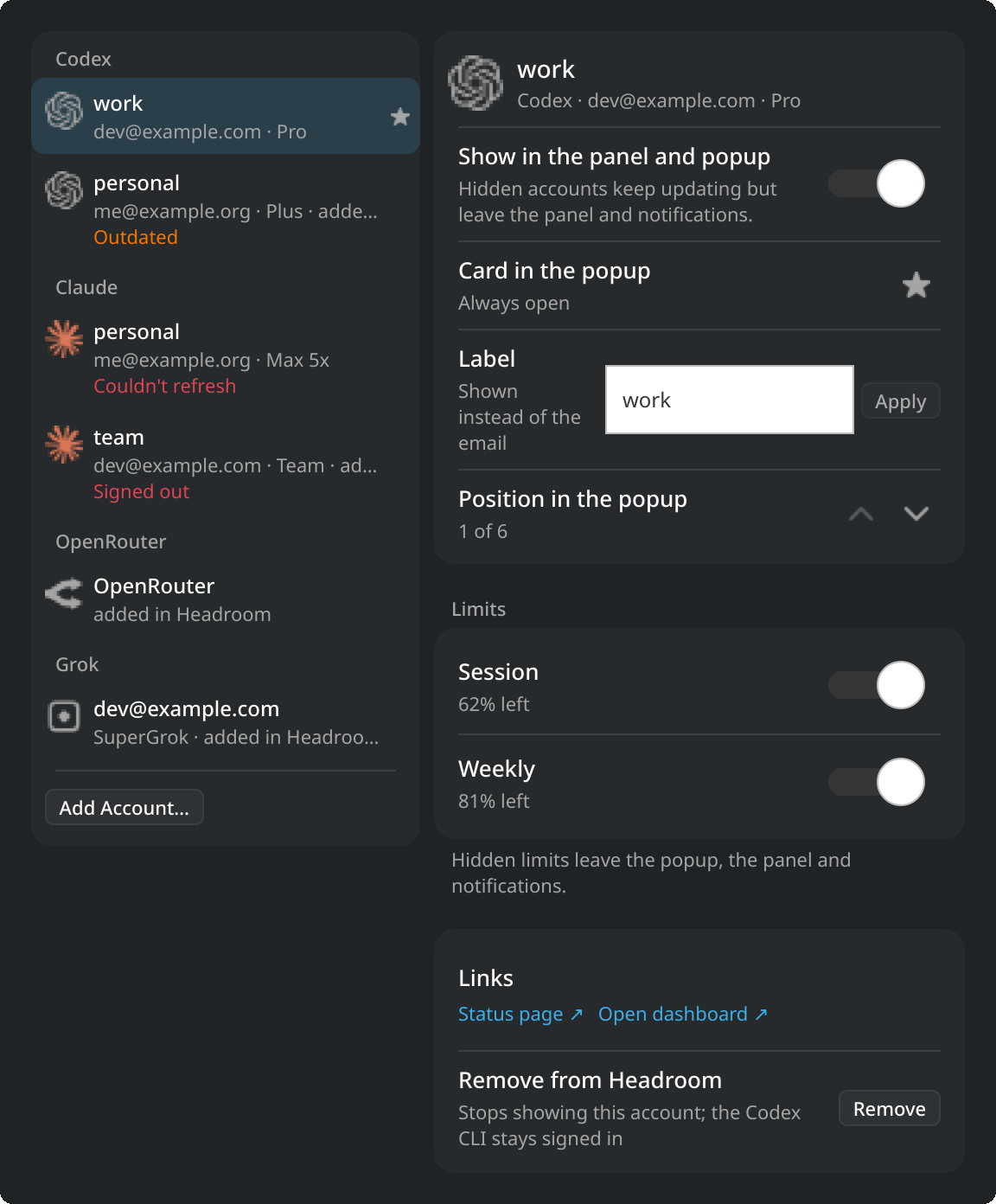 Headroom's Configure dialog in KDE Plasma, Accounts: accounts grouped by provider on the left and the selected account's details on the right