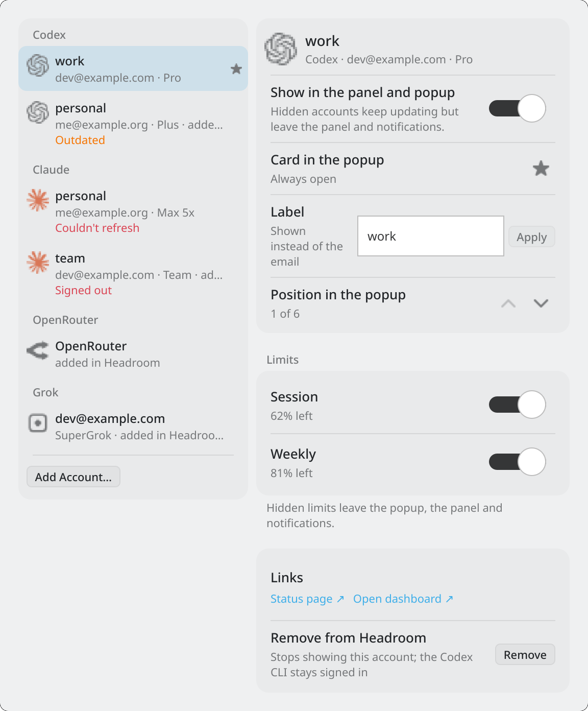 Headroom's Configure dialog in KDE Plasma, Accounts: accounts grouped by provider on the left and the selected account's details on the right
