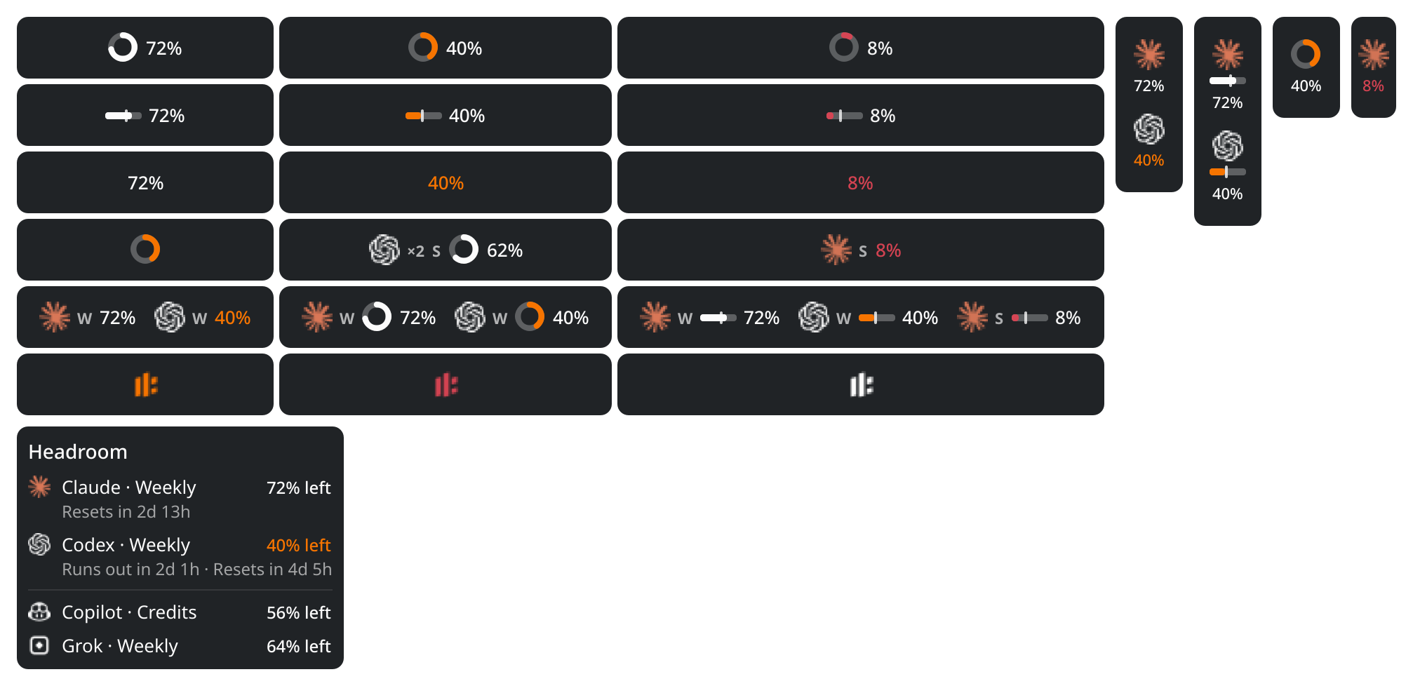 Headroom in KDE Plasma panels: rings, bars and text in each tone, several limits with logos, versions for vertical panels and the tooltip that lists every limit.