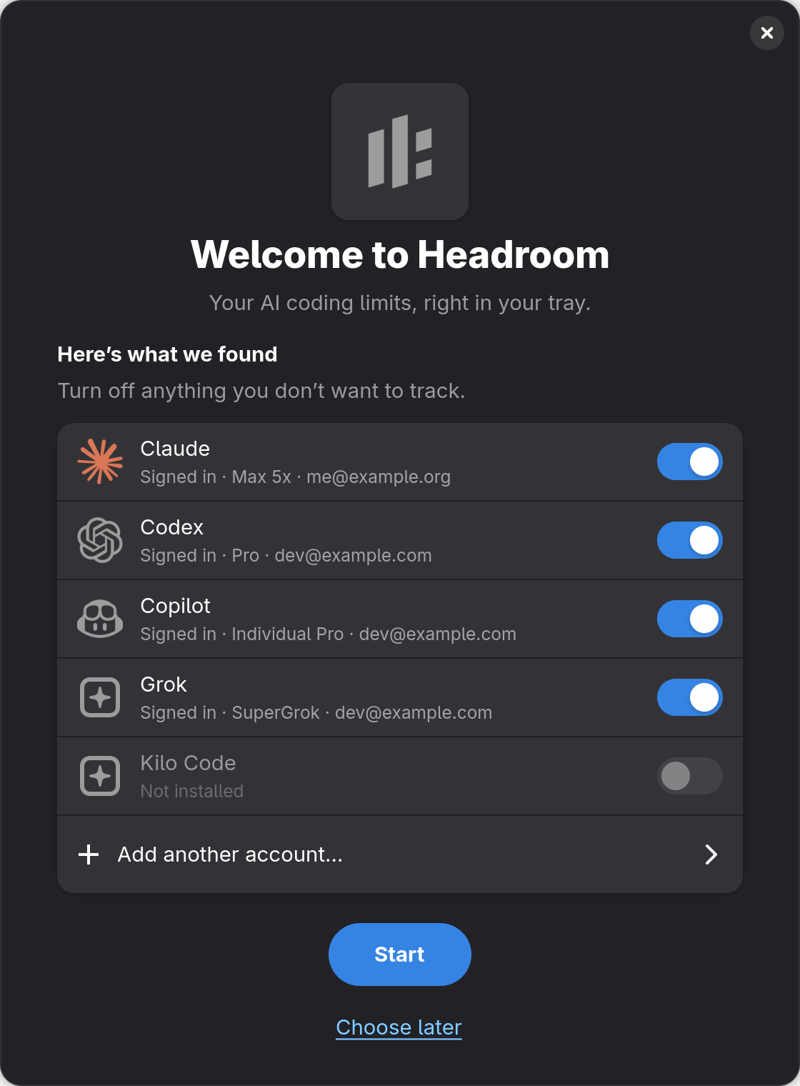 The Headroom tray's first-run window with detected providers and Start
