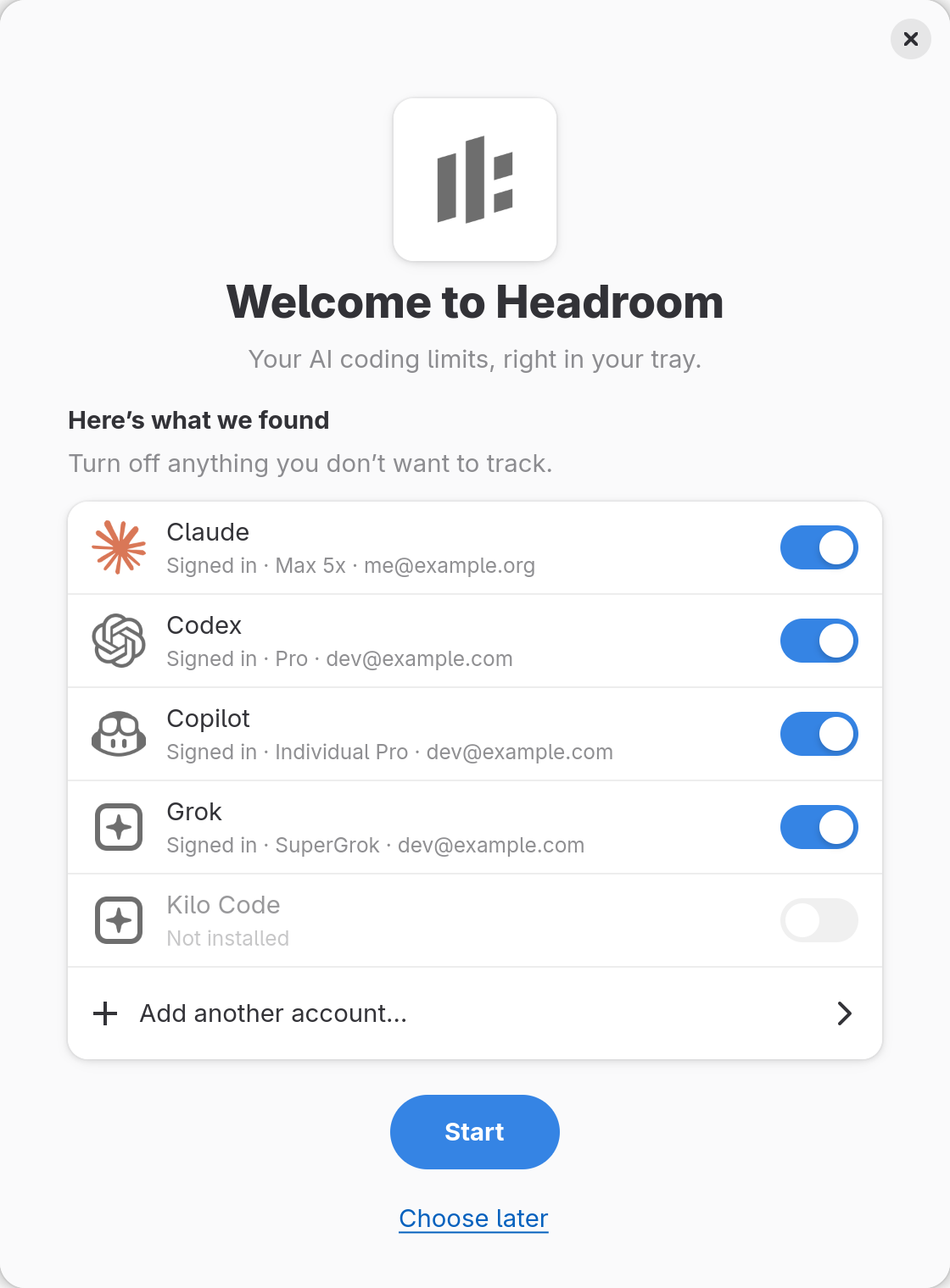 The Headroom tray's first-run window with detected providers and Start