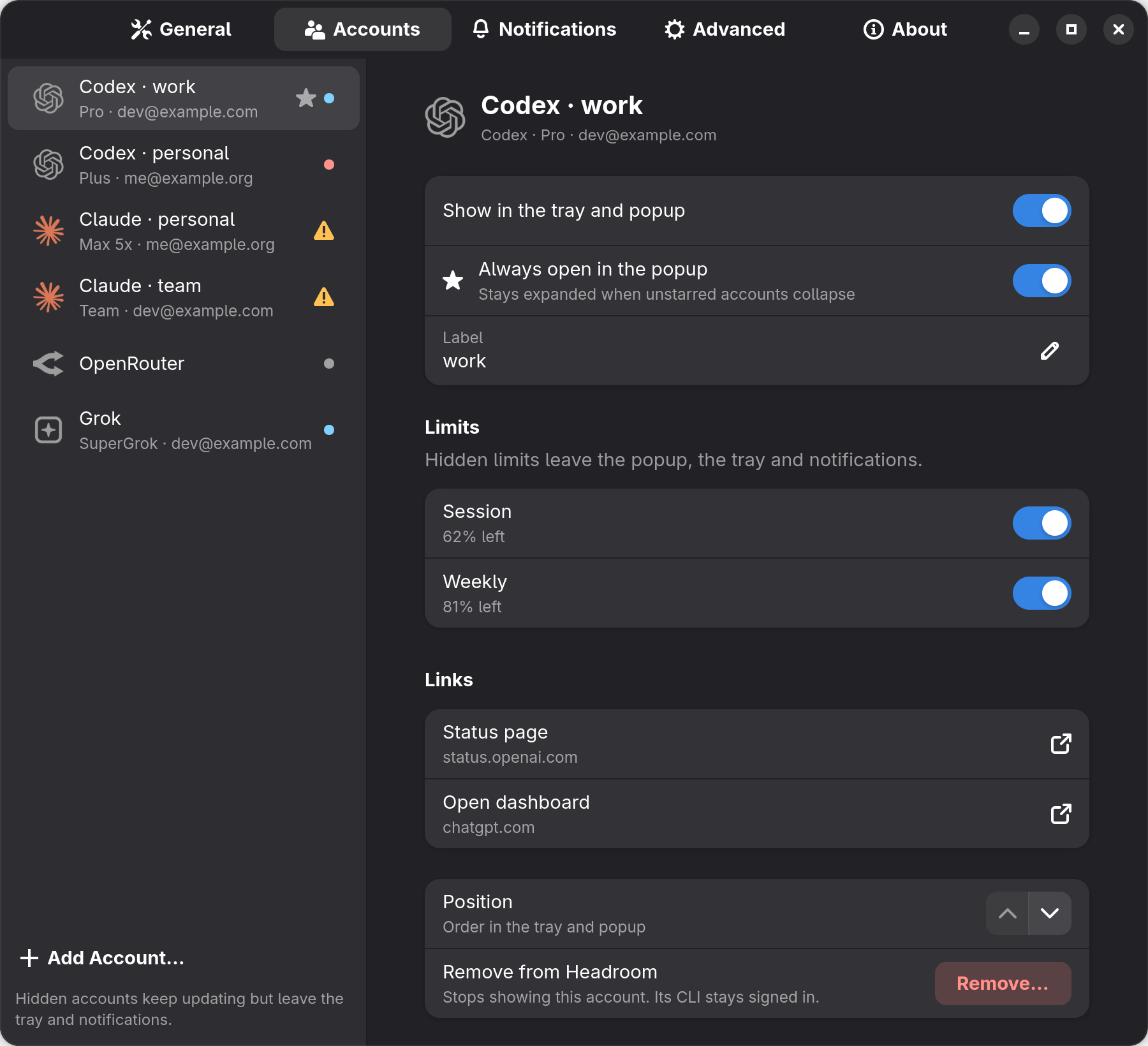 Headroom tray settings, Accounts: a list of accounts on the left and the selected Codex account's details on the right