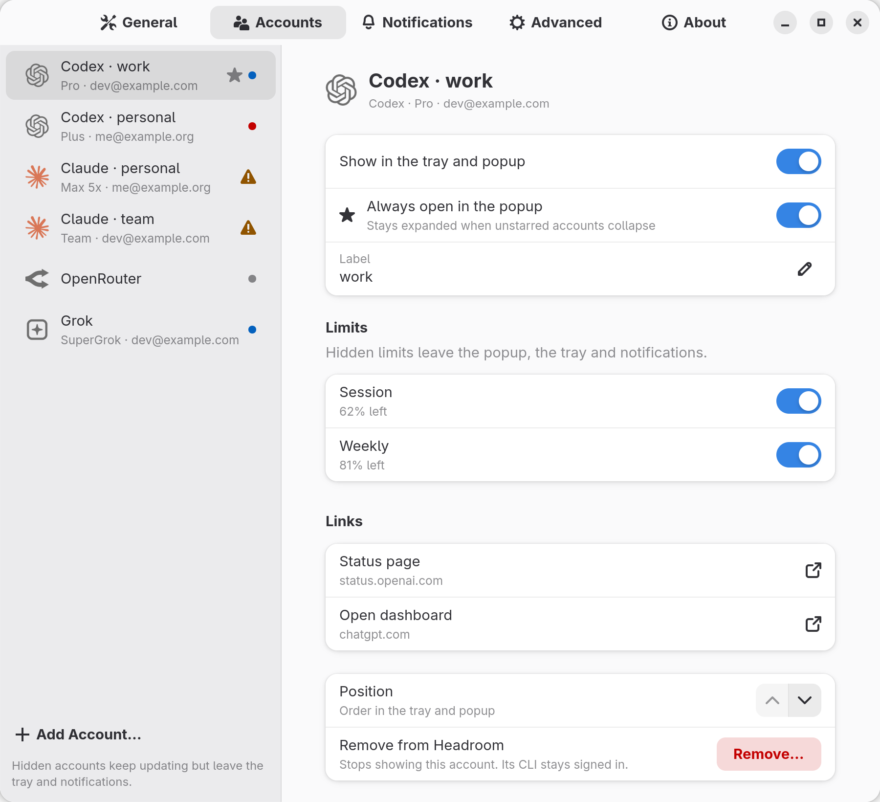 Headroom tray settings, Accounts: a list of accounts on the left and the selected Codex account's details on the right